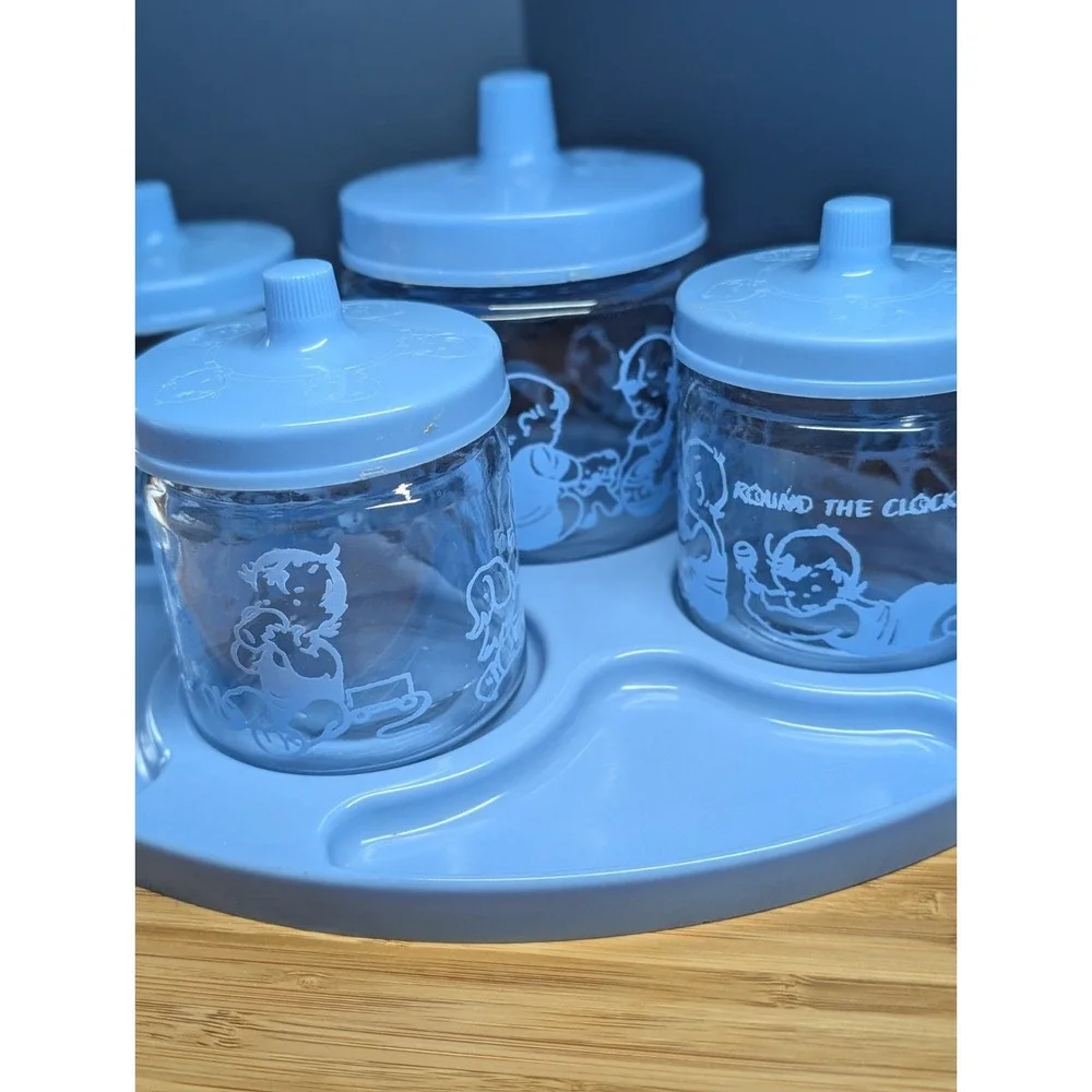 Vintage Baby Nursery BLUE Vanity Changing Table Glass Jar Set W/Tray Lids 1950s